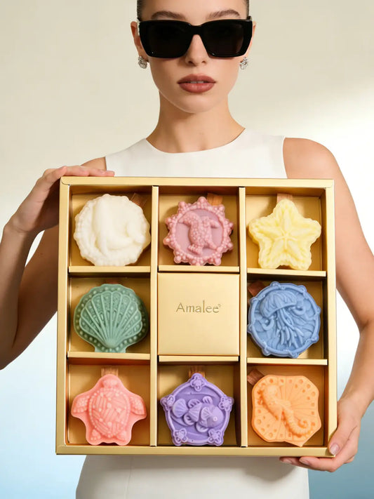 AMALEE Ocean Collection Scented Candle 8 Pack, Sea Breeze & Coastal Aroma Soy Wax Candle with Wooden Wick, Long-Lasting, Marine Home Decor Gift for Women Men