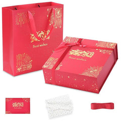 Amalee Sturdy & Luxury Large Gift Box, 12x12x4 Inches Deep Red, Magnetic Snap Lid, Easy Fold Glue-Free Assembly, with Ribbon Card Filler for Wedding, Birthday, Christmas Gift Packaging