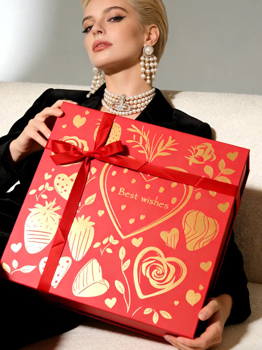 Amalee Gift Packaging Box, Large 12x12x4 Inches Red with Magnetic Closure, Glue-Free Design for Easy Wrap, Includes Ribbon & Card for Wedding, Birthday, Christmas Gift Packaging All Occasion