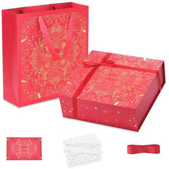 Amalee 12x12x4 Inch Large Gift Box, Red Magnetic Closure Present Box, Glue-Free Setup, Complete with Ribbon, Greeting Card & Filler Paper for Wedding, Birthday, Christmas Gift Packaging