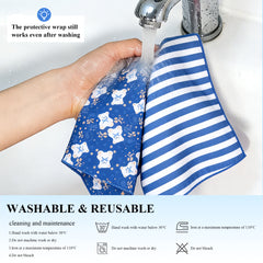 Amalee 2 Pack Blue Reusable Fabric Gift Wrap Set, 19"x20" Cloth Gift Wrapping with Greeting Cards and Ribbon, Washable Multi-Purpose Fabric Wrap for Gifts, Storage Bag or Travel Protection