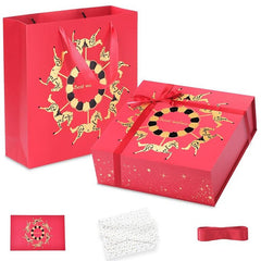 Amalee All-in-One Gift Box Set: Large 12x12x4 Inch Red Box with Magnetic Lid, Includes Ribbon, Greeting Card, Filler - No Glue Assembly Required for Wedding, Birthday, Christmas Gift Packaging