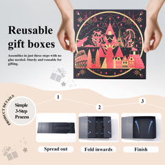 Amalee Christmas Birthday Gift Box, 12x12x4” Large Blue Present Box with Magnetic Closure & Glue-Free Design, Comes with Ribbon, Card, tissue paper