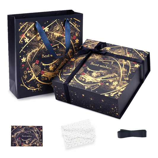 Amalee Easy Assembly Gift Box - No Glue No Tools 12x12x4 Inch Large Blue Box with Magnetic Lid, Includes Ribbon, Card & tissue paper for Wedding, Birthday, Christmas Gift Packaging Quick Gifting