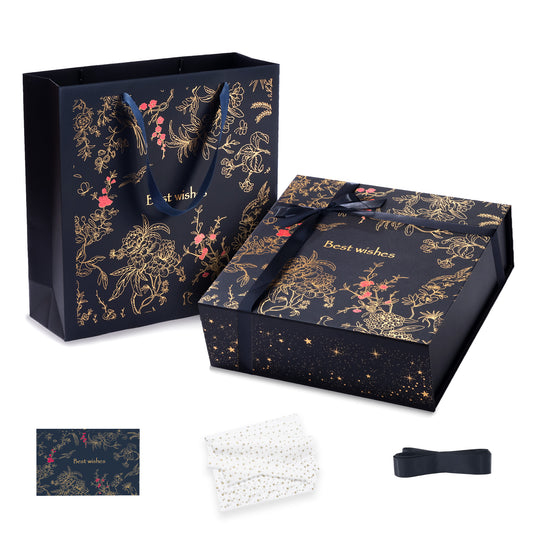 Amalee Luxury Gift Box, Large Deep Blue 12”x12”x4” with Strong Magnetic Lid, Elegant Glue-Free Assembly, Includes Ribbon & Card for Wedding, Birthday, Christmas Gift Packaging