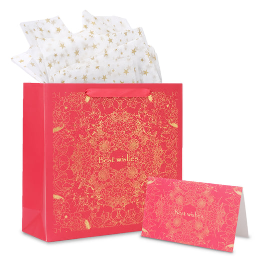 Amalee Extra-Large Red Gift Bag 13.5x13.5x4.5 Inches, Includes 2 Sheets of Wrapping Paper & 1 Greeting Card, for Birthday, Wedding & Holiday Gifts