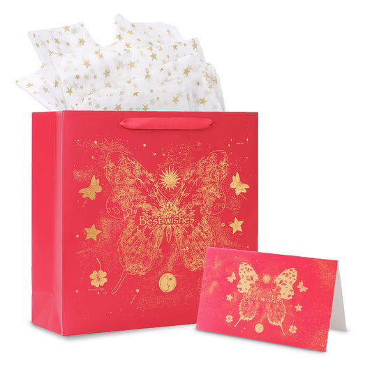 Amalee Large Red Gift Bag with Handles (13.5x13.5x4.5 Inch), Set of Wrapping Paper & Greeting Card for Birthday, Wedding, Christmas & Baby Shower