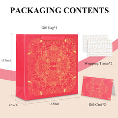 Amalee Extra-Large Red Gift Bag 13.5x13.5x4.5 Inches, Includes 2 Sheets of Wrapping Paper & 1 Greeting Card, for Birthday, Wedding & Holiday Gifts
