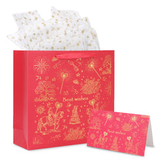 Amalee Large 13.5x13.5x4.5 Inch Red Gift Bags with Handles, Set of 2 Wrapping Paper & 1 Greeting Card, for Valentine's Day, Baby Shower & Birthday