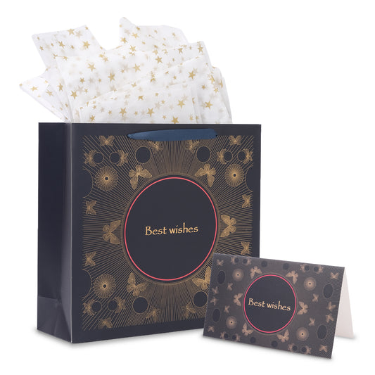 Amalee 13.5x13.5x4.5 Inch Blue Gift Bag with Handles, Includes 2 Wrapping Paper Sheets & 1 Greeting Card, Ideal for Birthday, Wedding, Christmas Gifts