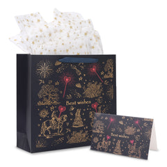 Amalee 13.5x13.5x4.5 Inch Blue Gift Bag with Handles, Includes 2 Wrapping Paper Sheets & 1 Greeting Card, Ideal for Birthday, Wedding, Christmas Gifts