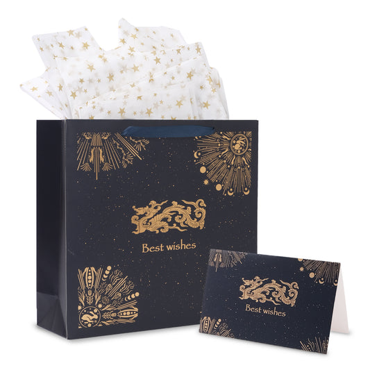 Amalee Large Blue Gift Bag 13.5x13.5x4.5 Inch with Handles, Includes Wrapping Paper & Greeting Card for Birthday, Baby Shower, Wedding & Christmas