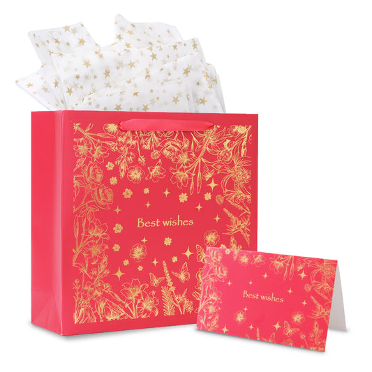 Amalee Red Gift Bag 13.5x13.5x4.5 Inch with Handles, Includes Wrapping Paper & Greeting Card, Ideal for Birthday, Valentine's Day & Wedding Gifts
