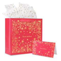 Amalee Red Gift Bag 13.5x13.5x4.5 Inch with Handles, Includes Wrapping Paper & Greeting Card, Ideal for Birthday, Valentine's Day & Wedding Gifts