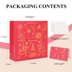 Amalee Large 13.5x13.5x4.5 Inch Red Gift Bags with Handles, Set of 2 Wrapping Paper & 1 Greeting Card, for Valentine's Day, Baby Shower & Birthday