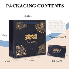 Amalee Large Blue Gift Bag 13.5x13.5x4.5 Inch with Handles, Includes Wrapping Paper & Greeting Card for Birthday, Baby Shower, Wedding & Christmas