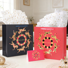 Amalee Red Gift Bag Set 13.5x13.5x4.5 Inch, Includes 2 Wrapping Paper & Greeting Card, for Weddings, Christmas & Birthday Parties