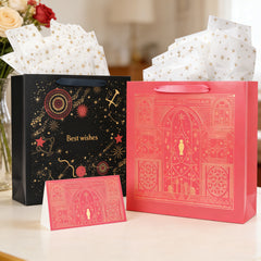 Amalee Large Red Gift Bag with Handles (13.5x13.5x4.5 Inch), Set of Wrapping Paper & Greeting Card for Birthday, Wedding, Christmas & Baby Shower