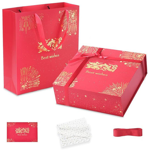 Amalee Sturdy & Luxury Large Gift Box, 12x12x4 Inches Deep Red, Magnetic Snap Lid, Easy Fold Glue-Free Assembly, with Ribbon Card Filler for Wedding, Birthday, Christmas Gift Packaging
