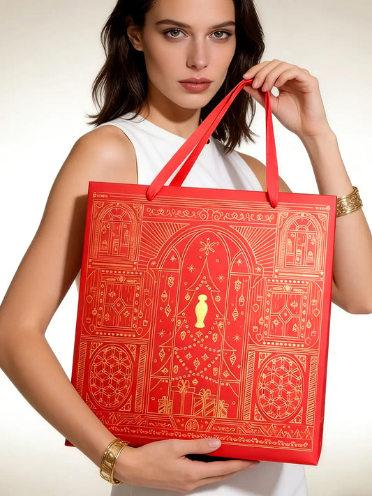 Amalee Large Red Gift Bag with Handles (13.5x13.5x4.5 Inch), Set of Wrapping Paper & Greeting Card for Birthday, Wedding, Christmas & Baby Shower