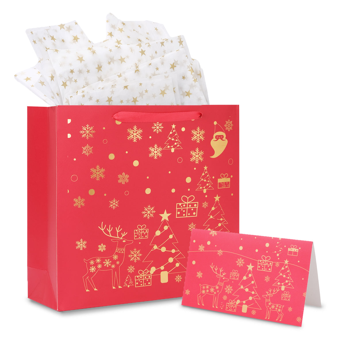 Amalee Large Red Gift Bag 13.5x13.5x4.5 Inch with Handles, Includes Wrapping Paper & Greeting Card for Birthday, Baby Shower, Wedding & Christmas