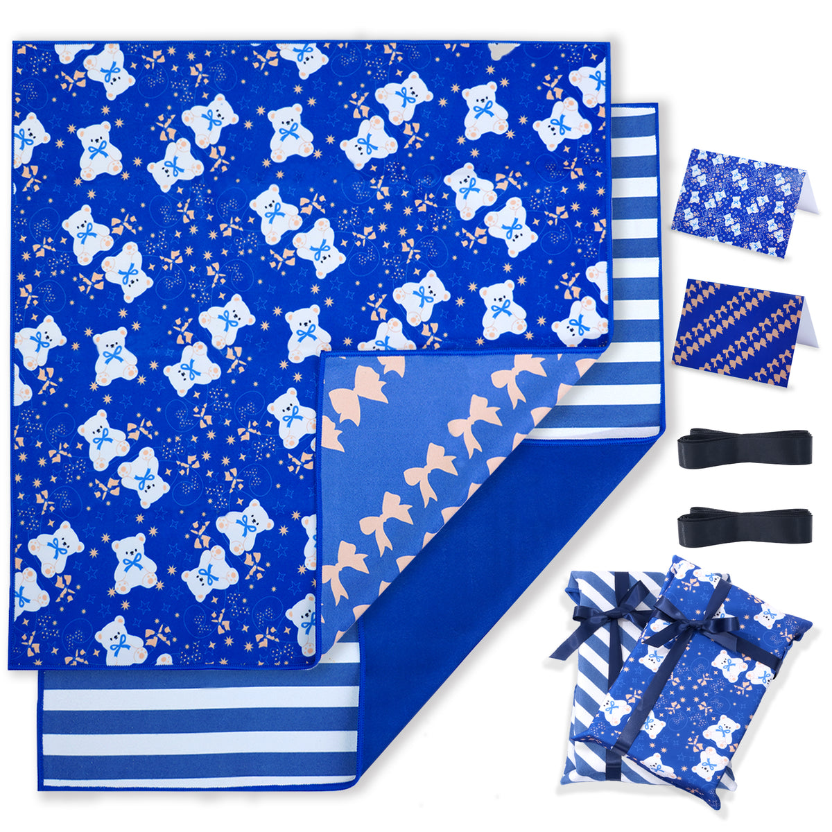 Amalee 2 Pack Blue Reusable Fabric Gift Wrap Set, 19"x20" Cloth Gift Wrapping with Greeting Cards and Ribbon, Washable Multi-Purpose Fabric Wrap for Gifts, Storage Bag or Travel Protection