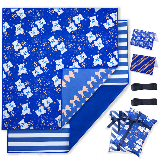 Amalee 2 Pack Blue Reusable Fabric Gift Wrap Set, 19"x20" Cloth Gift Wrapping with Greeting Cards and Ribbon, Washable Multi-Purpose Fabric Wrap for Gifts, Storage Bag or Travel Protection