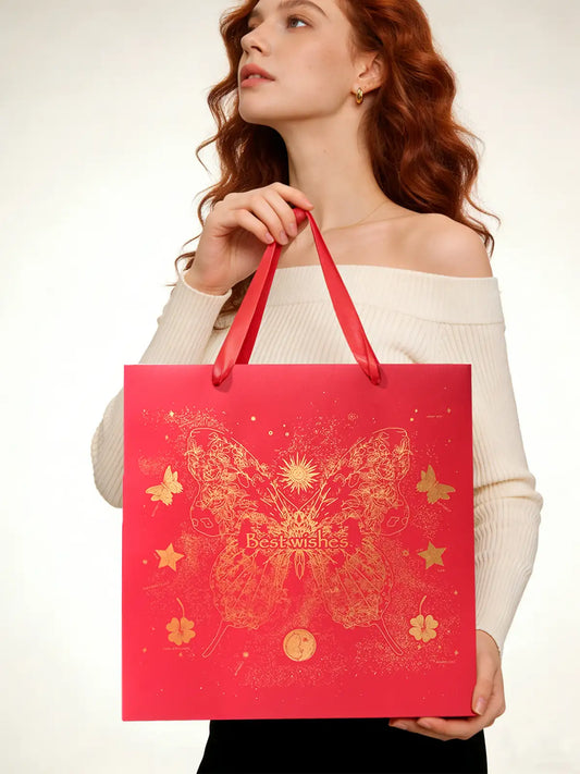 Amalee Large Red Gift Bag with Handles (13.5x13.5x4.5 Inch), Set of Wrapping Paper & Greeting Card for Birthday, Wedding, Christmas & Baby Shower