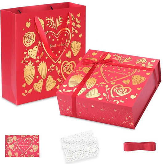 Amalee Gift Packaging Box, Large 12x12x4 Inches Red with Magnetic Closure, Glue-Free Design for Easy Wrap, Includes Ribbon & Card for Wedding, Birthday, Christmas Gift Packaging All Occasion