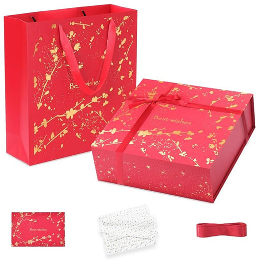 Amalee 12x12x4 Inch Large Gift Box, Red Magnetic Closure Present Box, Glue-Free Setup, Complete with Ribbon, Greeting Card & Filler Paper for Wedding, Birthday, Christmas Gift Packaging