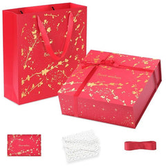 Amalee 12x12x4 Inch Large Gift Box, Red Magnetic Closure Present Box, Glue-Free Setup, Complete with Ribbon, Greeting Card & Filler Paper for Wedding, Birthday, Christmas Gift Packaging