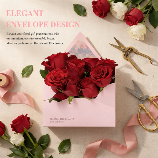 Amalee 10 Pack Pink Flower Bouquet Envelope Boxes with Greeting Cards, Premium Cardboard Floral Gift Boxes for Arrangements, Elegant Florist Packaging for Mother's Day, Valentine's, Anniversary