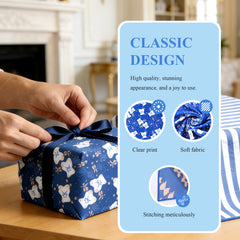 Amalee 2 Pack Blue Reusable Fabric Gift Wrap Set, 19"x20" Cloth Gift Wrapping with Greeting Cards and Ribbon, Washable Multi-Purpose Fabric Wrap for Gifts, Storage Bag or Travel Protection