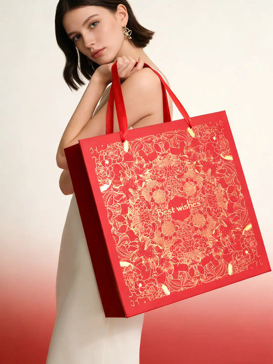 Amalee Extra-Large Red Gift Bag 13.5x13.5x4.5 Inches, Includes 2 Sheets of Wrapping Paper & 1 Greeting Card, for Birthday, Wedding & Holiday Gifts