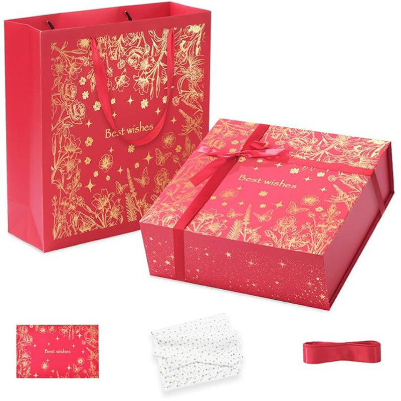 Amalee Large Gift Box with Magnetic Lid 12x12x4 Inches, Red Present Packaging Box, No Glue Needed Tool-Free, Includes Ribbon Card Filler Paper for Wedding, Birthday, Christmas Gift Packaging