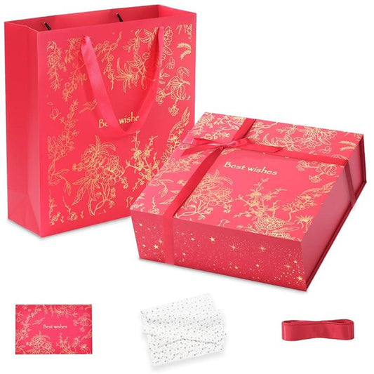 Amalee Luxury Gift Box, Large Deep Red 12”x12”x4” with Strong Magnetic Lid, Elegant Glue-Free Assembly, Includes Ribbon & Card for Wedding, Birthday, Christmas Gift Packaging