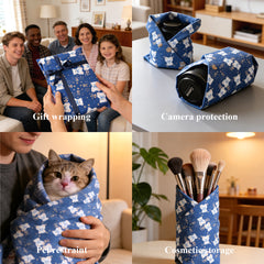 Amalee 2 Pack Blue Reusable Fabric Gift Wrap Set, 19"x20" Cloth Gift Wrapping with Greeting Cards and Ribbon, Washable Multi-Purpose Fabric Wrap for Gifts, Storage Bag or Travel Protection