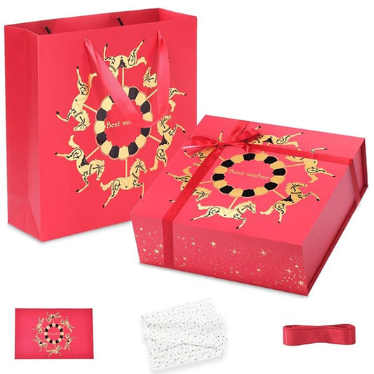 Amalee All-in-One Gift Box Set: Large 12x12x4 Inch Red Box with Magnetic Lid, Includes Ribbon, Greeting Card, Filler - No Glue Assembly Required for Wedding, Birthday, Christmas Gift Packaging