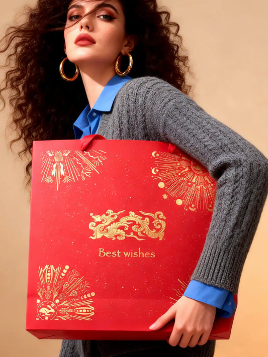 Amalee Large Red Gift Bag 13.5x13.5x4.5 Inch with Handles, Includes Wrapping Paper & Greeting Card for Birthday, Baby Shower, Wedding & Christmas