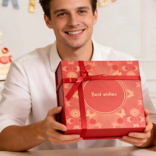 Amalee Large Red Gift Box with Magnetic Lids 12x12x4 Inches Glue-Free Assembly Includes Ribbon, Greeting Card & Filler Paper for Wedding, Birthday, Christmas Gift Packaging