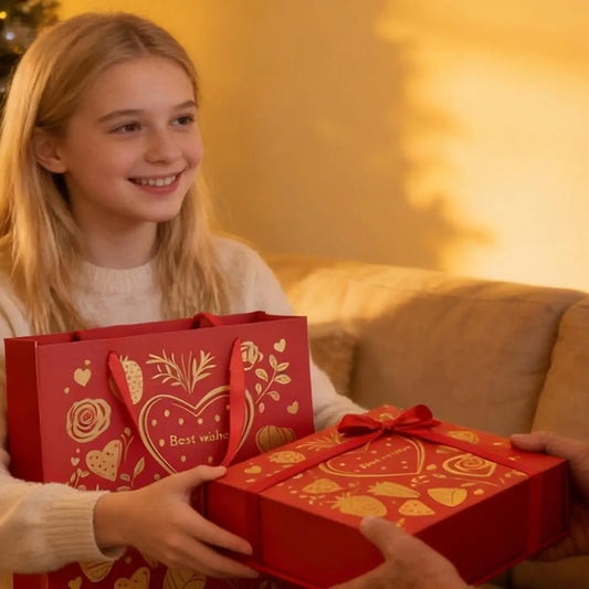 Amalee Gift Packaging Box, Large 12x12x4 Inches Red with Magnetic Closure, Glue-Free Design for Easy Wrap, Includes Ribbon & Card for Wedding, Birthday, Christmas Gift Packaging All Occasion