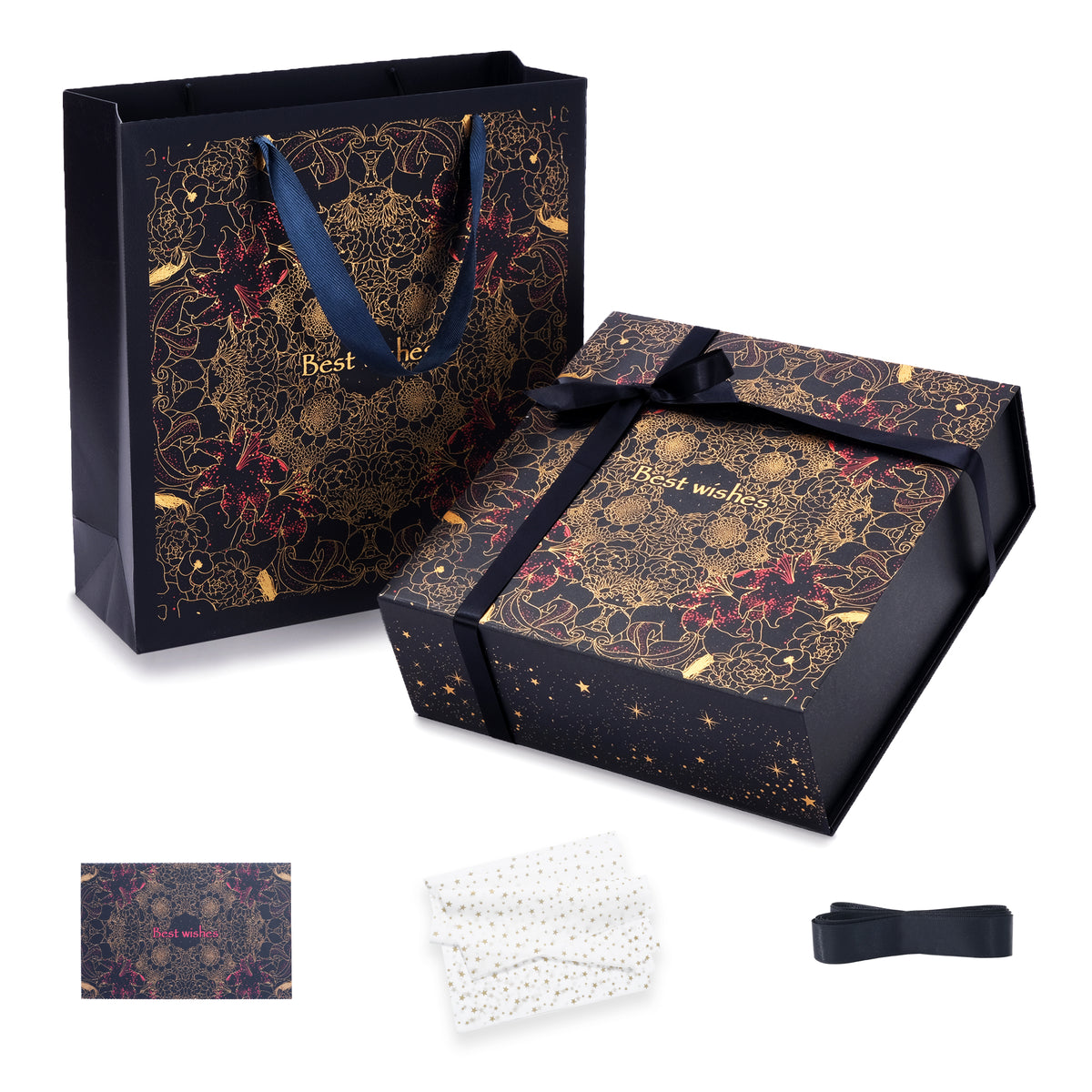 Amalee 12x12x4 Inch Large Gift Box, Blue Magnetic Closure Present Box, Glue-Free Setup, Complete with Ribbon, Greeting Card & Filler Paper for Wedding, Birthday, Christmas Gift Packaging