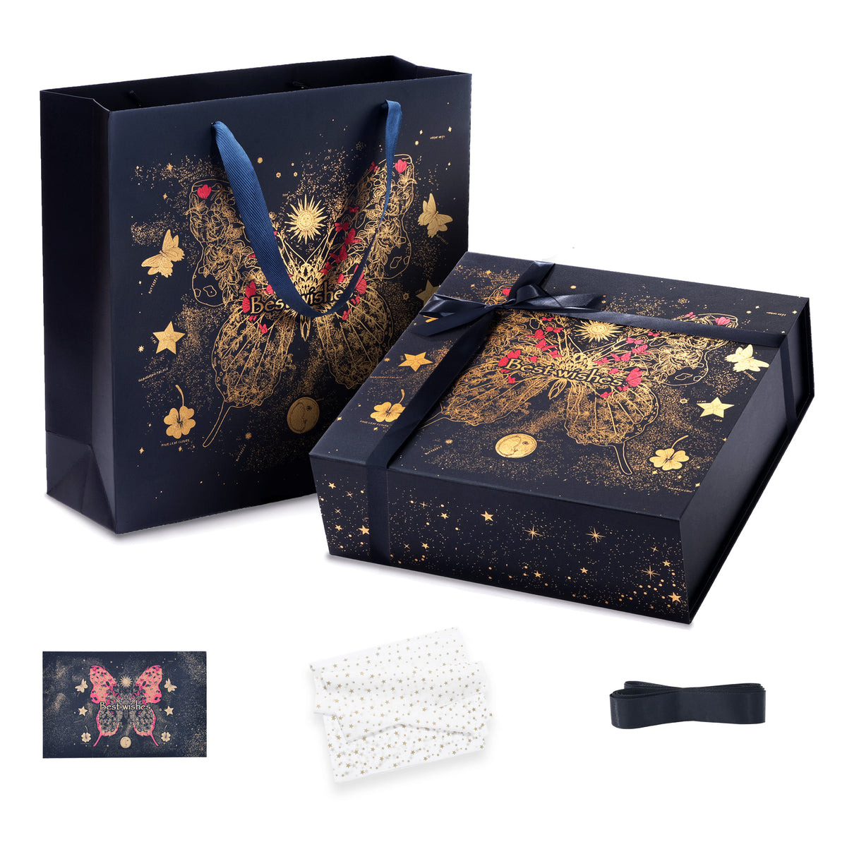 Amalee 12x12x4 Inch Large Gift Box, Blue Magnetic Closure Present Box, Glue-Free Setup, Complete with Ribbon, Greeting Card & Filler Paper for Wedding, Birthday, Christmas Gift Packaging