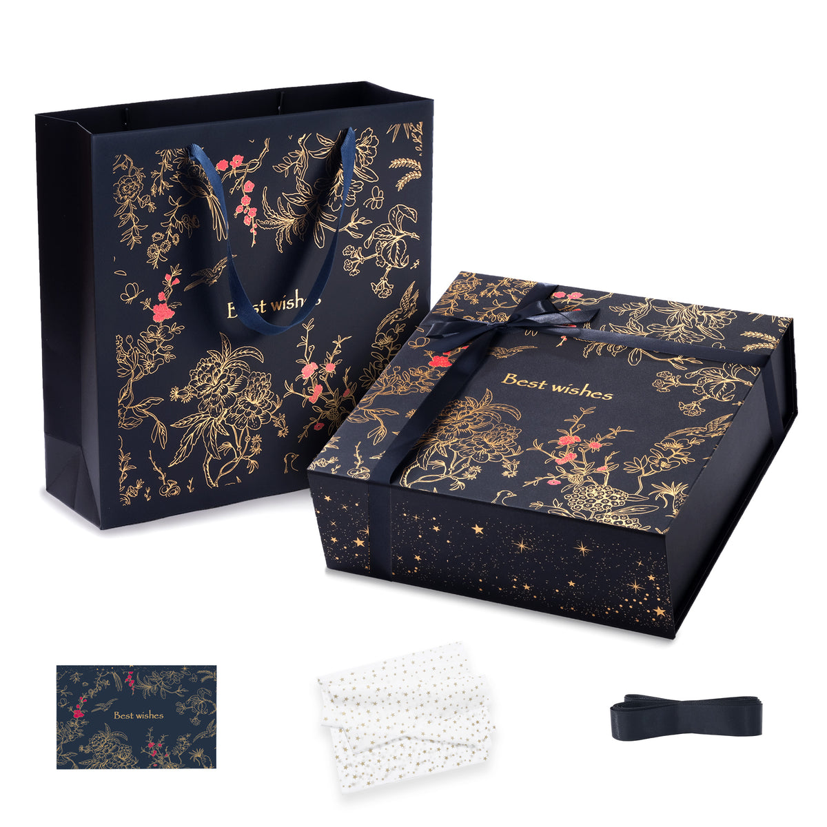 Amalee Luxury Gift Box, Large Deep Blue 12”x12”x4” with Strong Magnetic Lid, Elegant Glue-Free Assembly, Includes Ribbon & Card for Wedding, Birthday, Christmas Gift Packaging