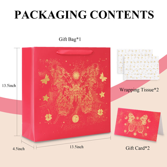 Amalee Large Red Gift Bag with Handles (13.5x13.5x4.5 Inch), Set of Wrapping Paper & Greeting Card for Birthday, Wedding, Christmas & Baby Shower