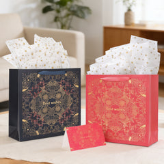 Amalee Extra-Large Red Gift Bag 13.5x13.5x4.5 Inches, Includes 2 Sheets of Wrapping Paper & 1 Greeting Card, for Birthday, Wedding & Holiday Gifts