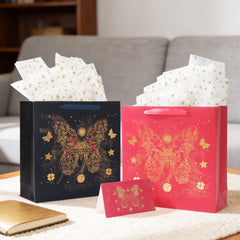 Amalee Large Red Gift Bag with Handles (13.5x13.5x4.5 Inch), Set of Wrapping Paper & Greeting Card for Birthday, Wedding, Christmas & Baby Shower