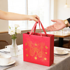 Amalee Large Red Gift Bag with Handles (13.5x13.5x4.5 Inch), Set of Wrapping Paper & Greeting Card for Birthday, Wedding, Christmas & Baby Shower