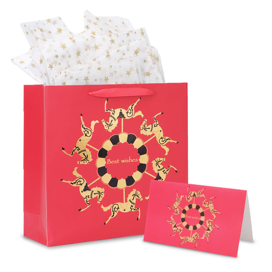 Amalee Red Gift Bag Set 13.5x13.5x4.5 Inch, Includes 2 Wrapping Paper & Greeting Card, for Weddings, Christmas & Birthday Parties