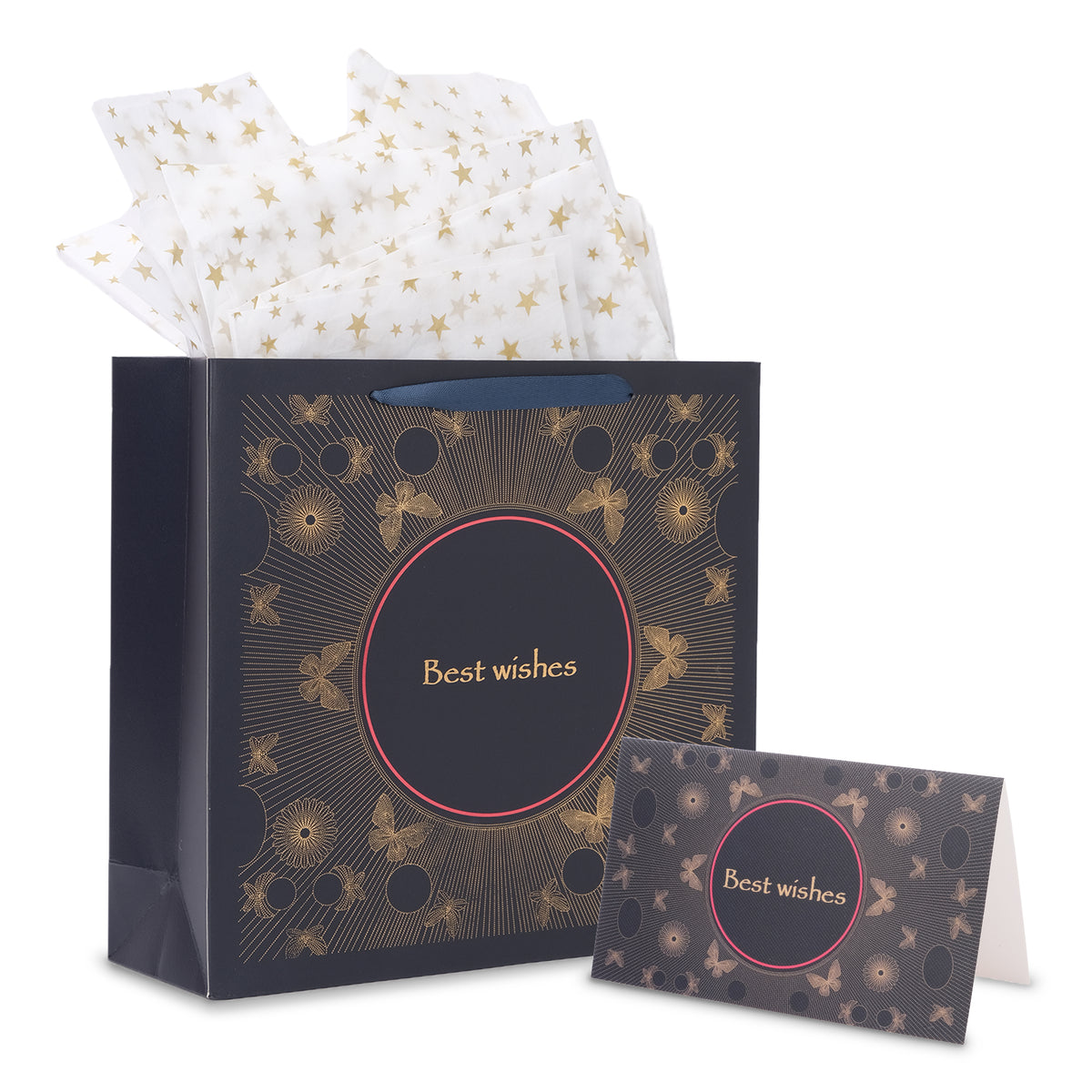 Amalee 13.5x13.5x4.5 Inch Blue Gift Bag with Handles, Includes 2 Wrapping Paper Sheets & 1 Greeting Card, Ideal for Birthday, Wedding, Christmas Gifts